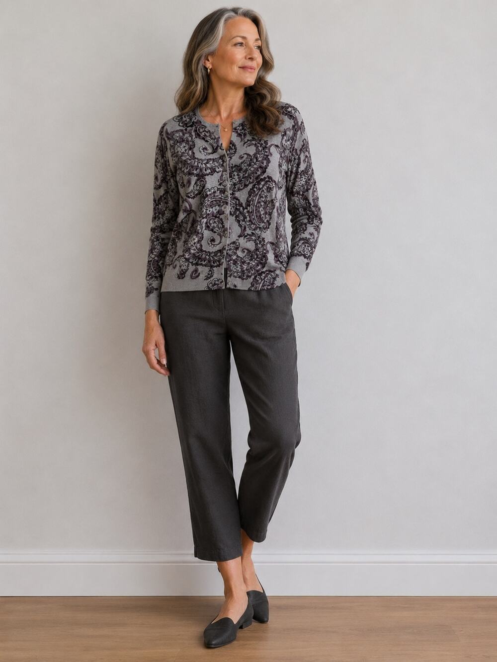 Croft & Borrow Grey Purple Paisley Button Front Cardigan Sweater Womens Plus 1x